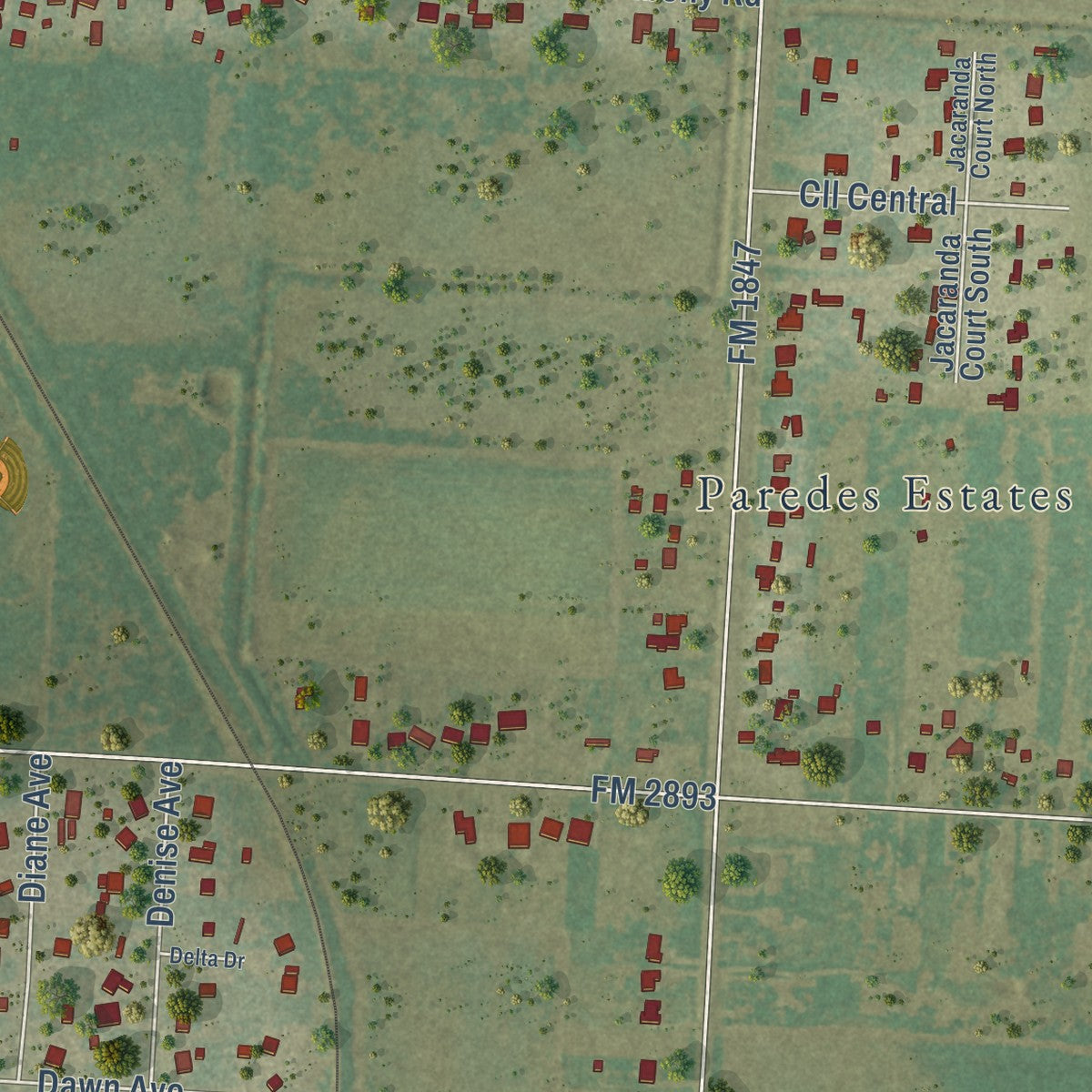 Close-up of the map of Laureles, Texas print showing street and building detail