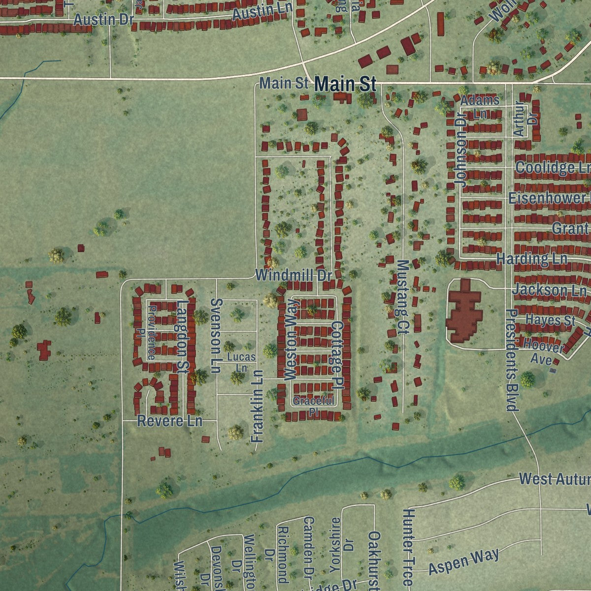 Close-up of the map of Lavon, Texas print showing street and building detail