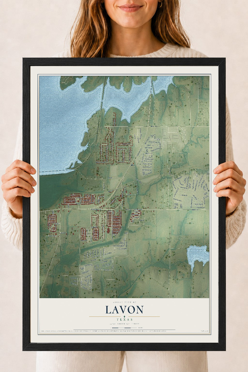 Map of Lavon, Texas, 18 x 24 inch print in a black wood frame