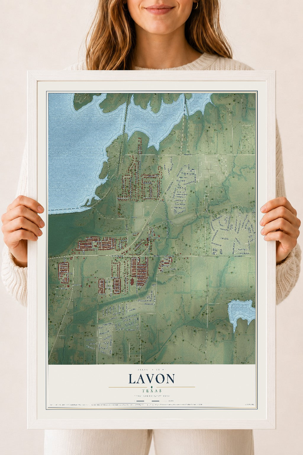 Map of Lavon, Texas, 18 x 24 inch print in a white wood frame