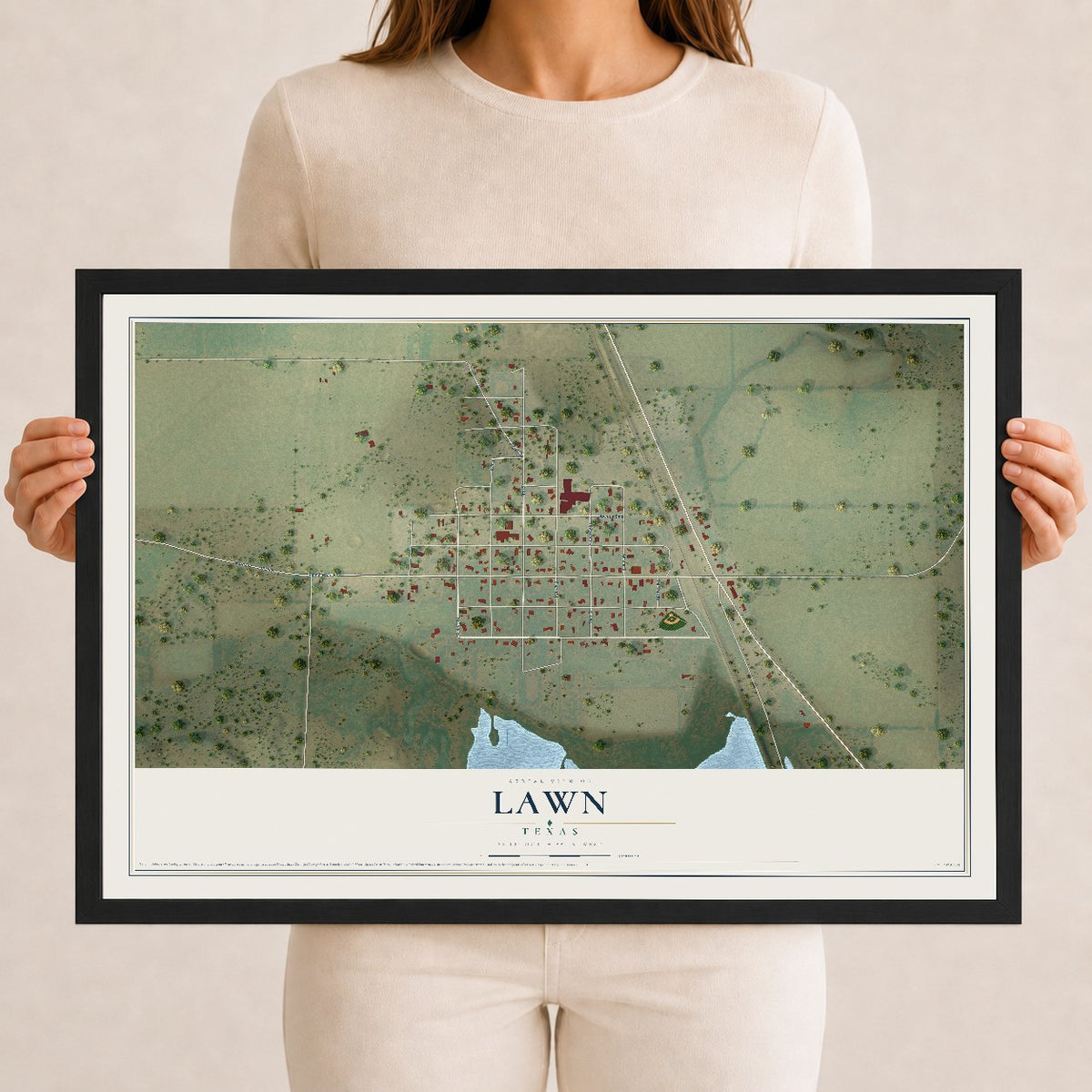 Map of Lawn, Texas, 12 x 18 inch print in a black wood frame