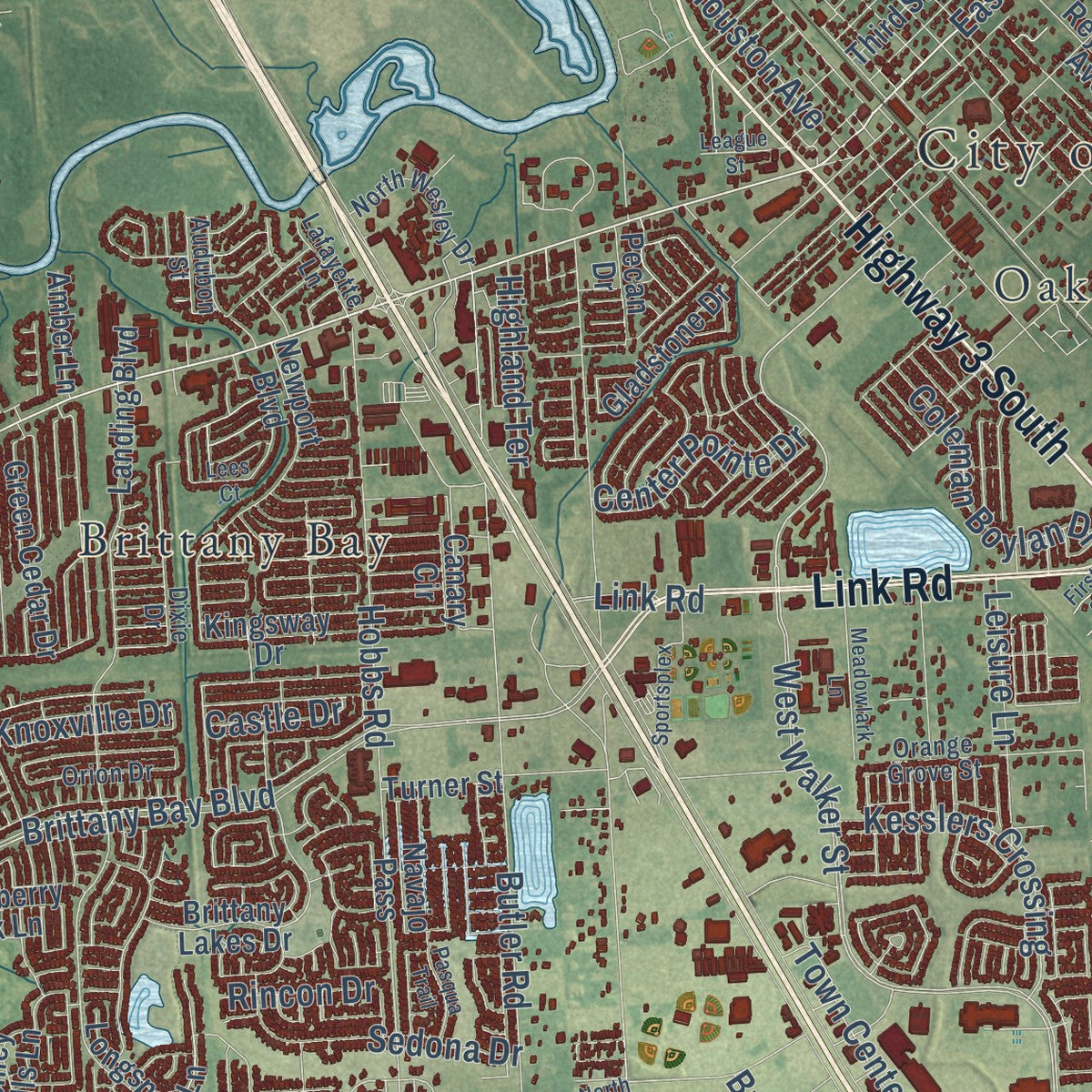 Close-up of the map of League City, Texas print showing street and building detail