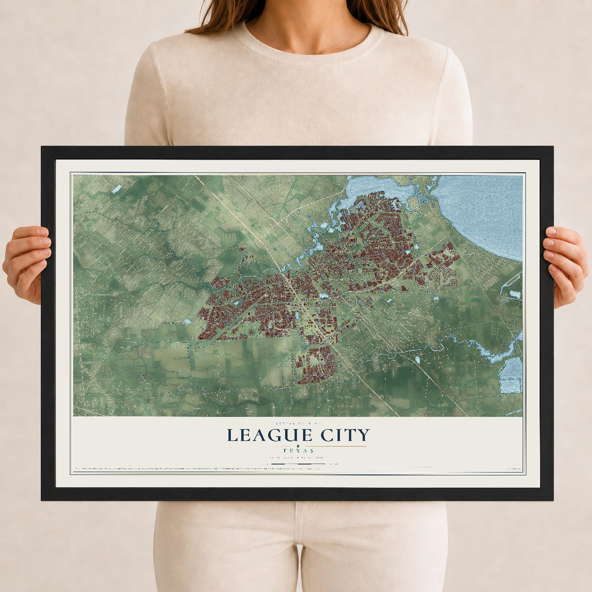 Map of League City, Texas, 12 x 18 inch print in a black wood frame