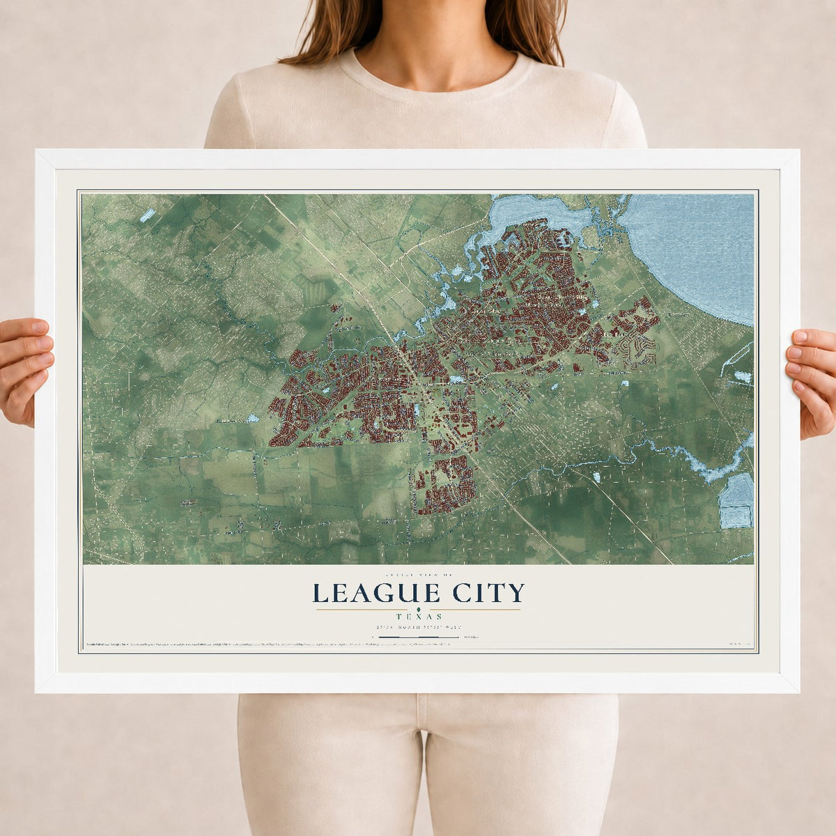 Map of League City, Texas, 18 x 24 inch print in a white wood frame