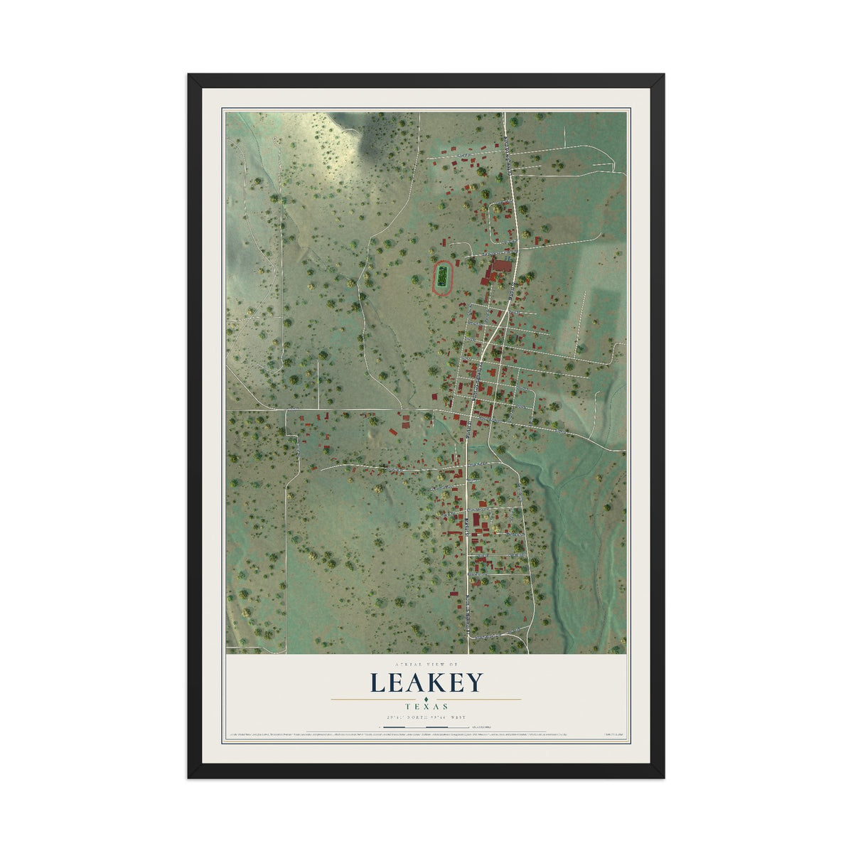 Map of Leakey, Texas, 12 x 18 inch print in a black wood frame