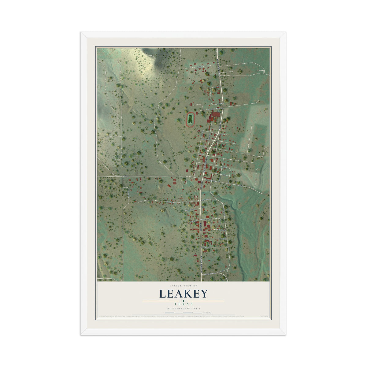 Map of Leakey, Texas, 12 x 18 inch print in a white wood frame