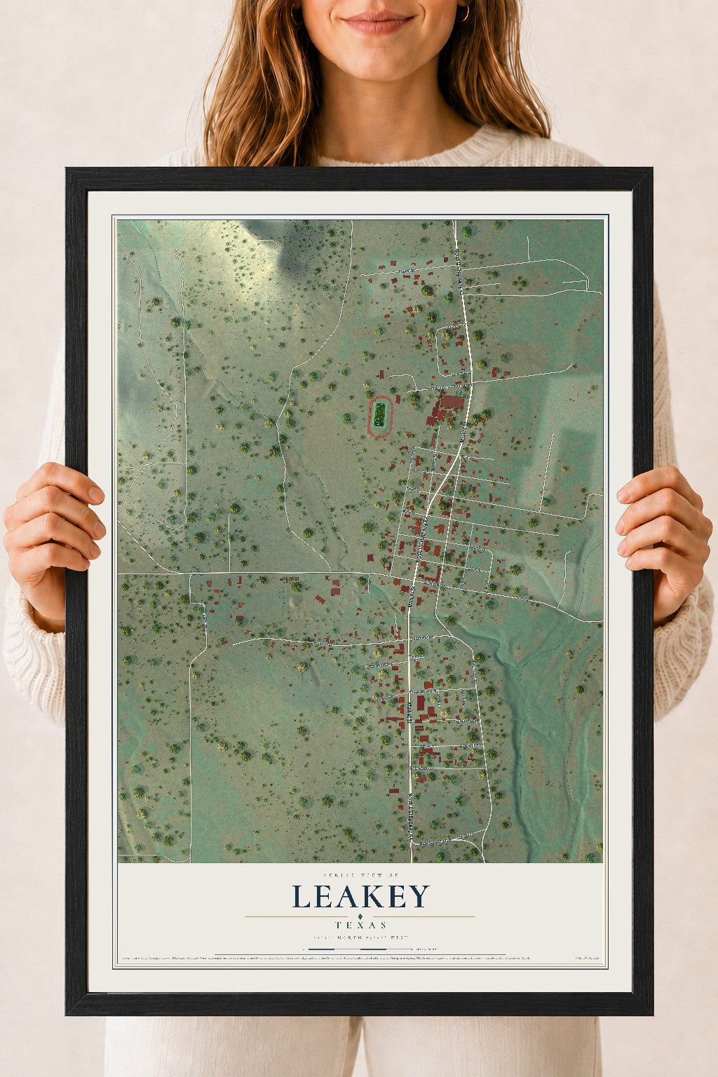 Map of Leakey, Texas, 18 x 24 inch print in a black wood frame