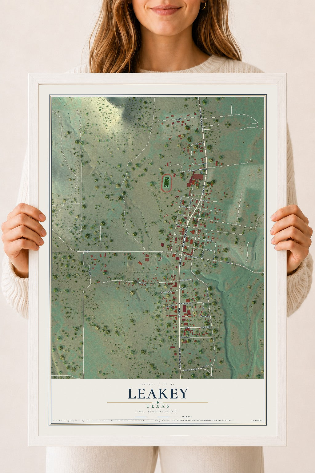 Map of Leakey, Texas, 18 x 24 inch print in a white wood frame