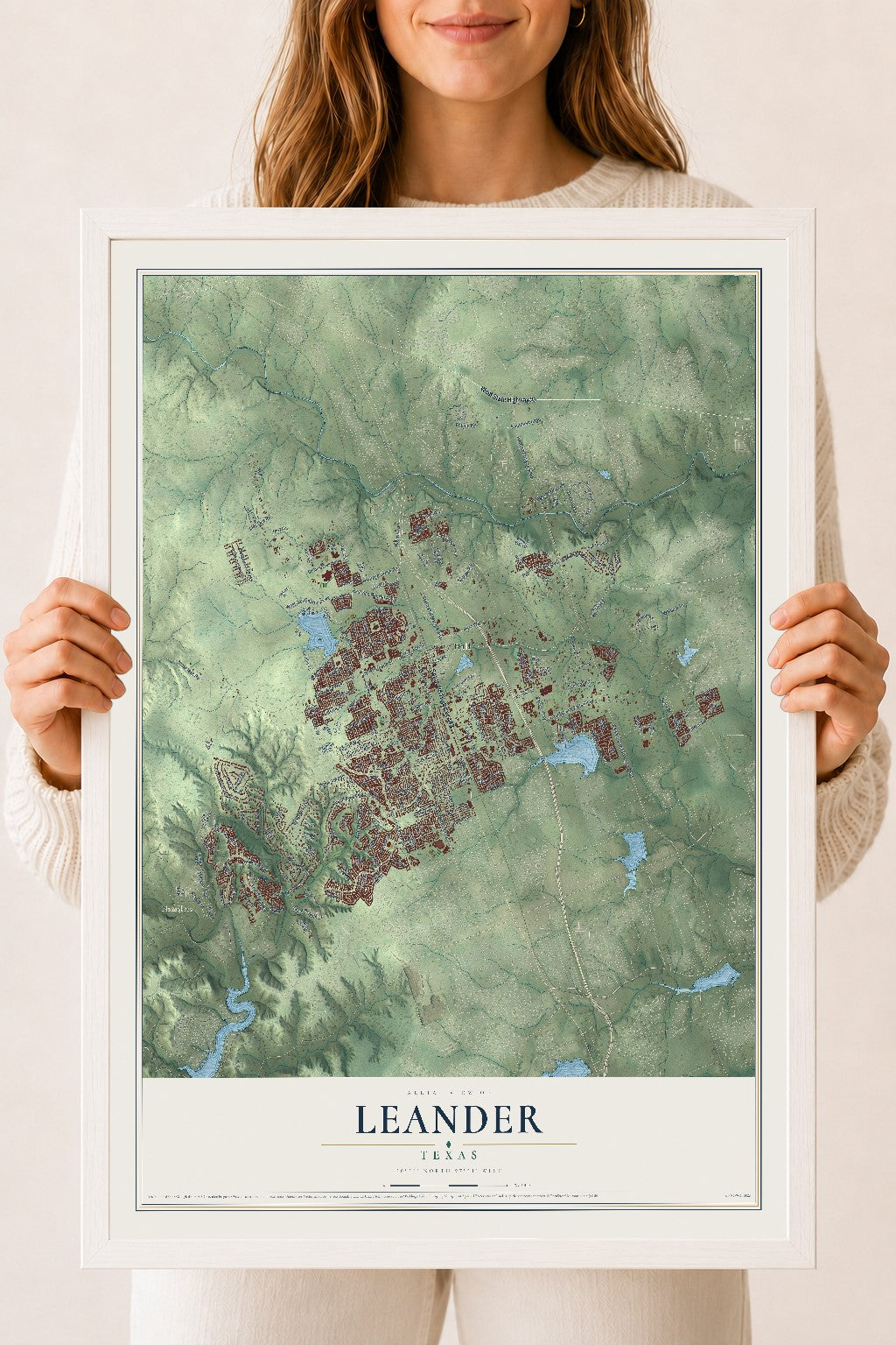 Map of Leander, Texas, 18 x 24 inch print in a white wood frame