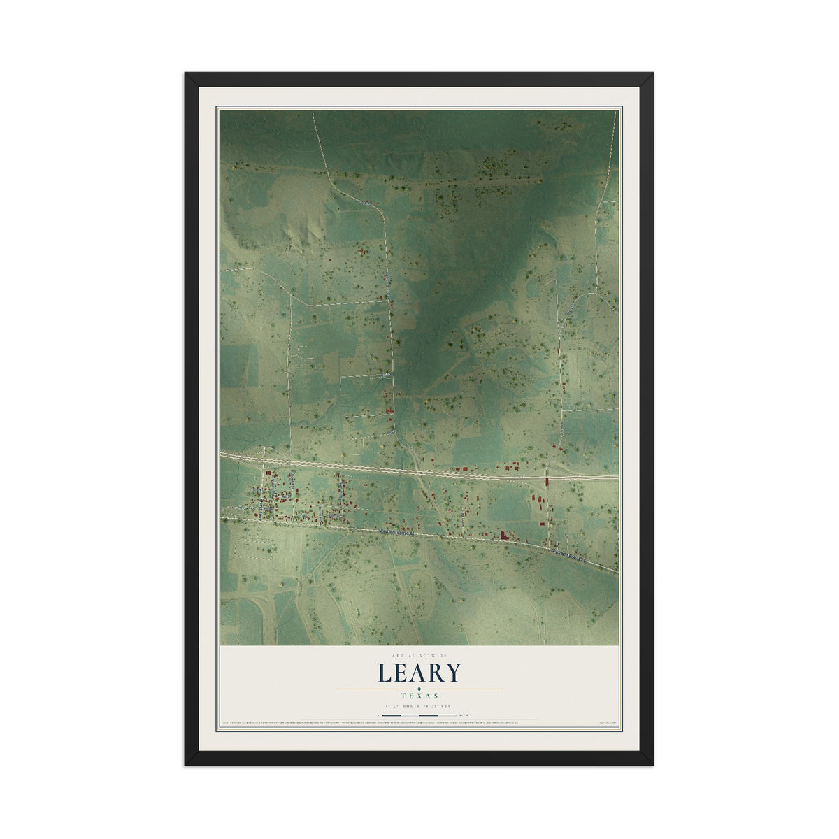 Map of Leary, Texas, 12 x 18 inch print in a black wood frame