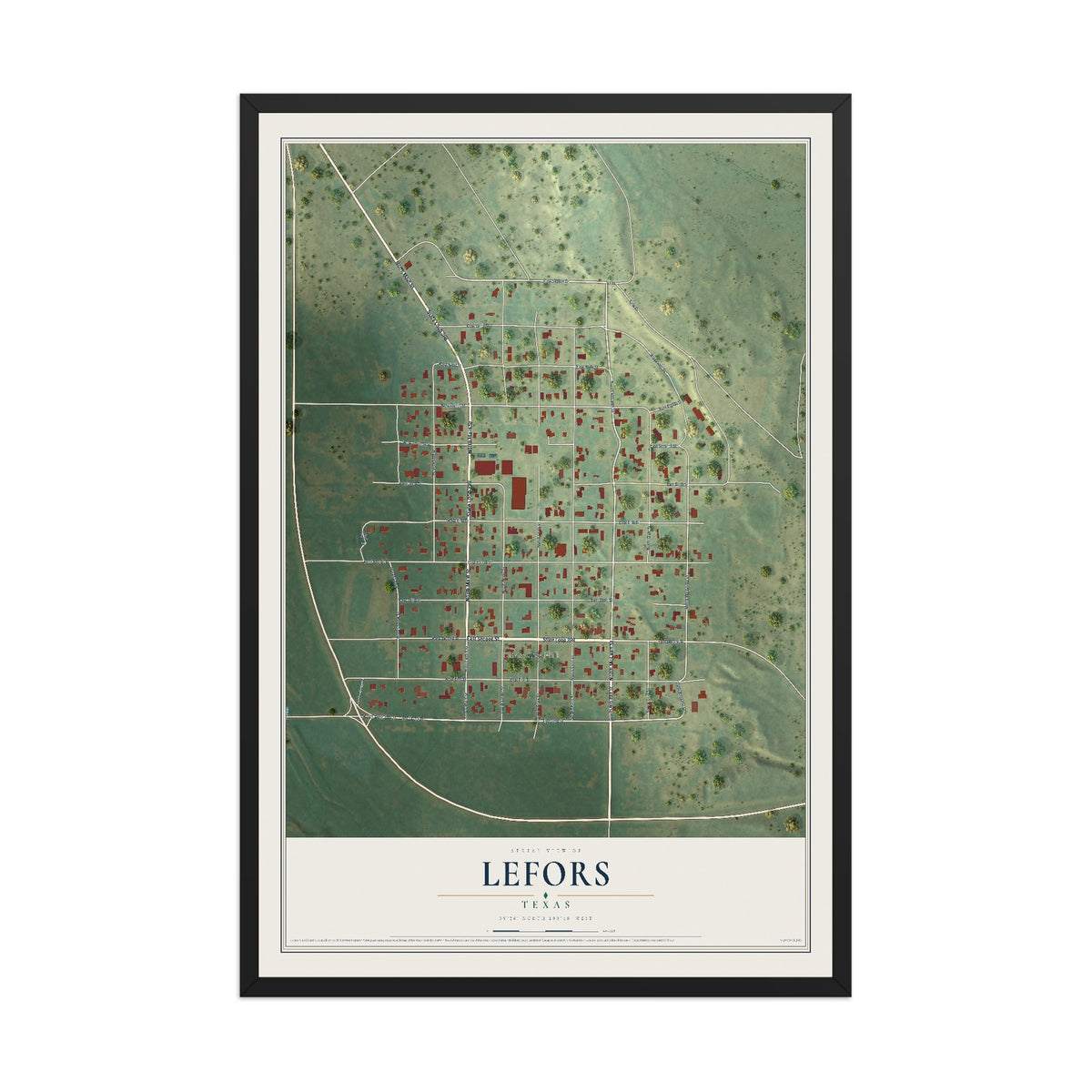 Map of Lefors, Texas, 12 x 18 inch print in a black wood frame