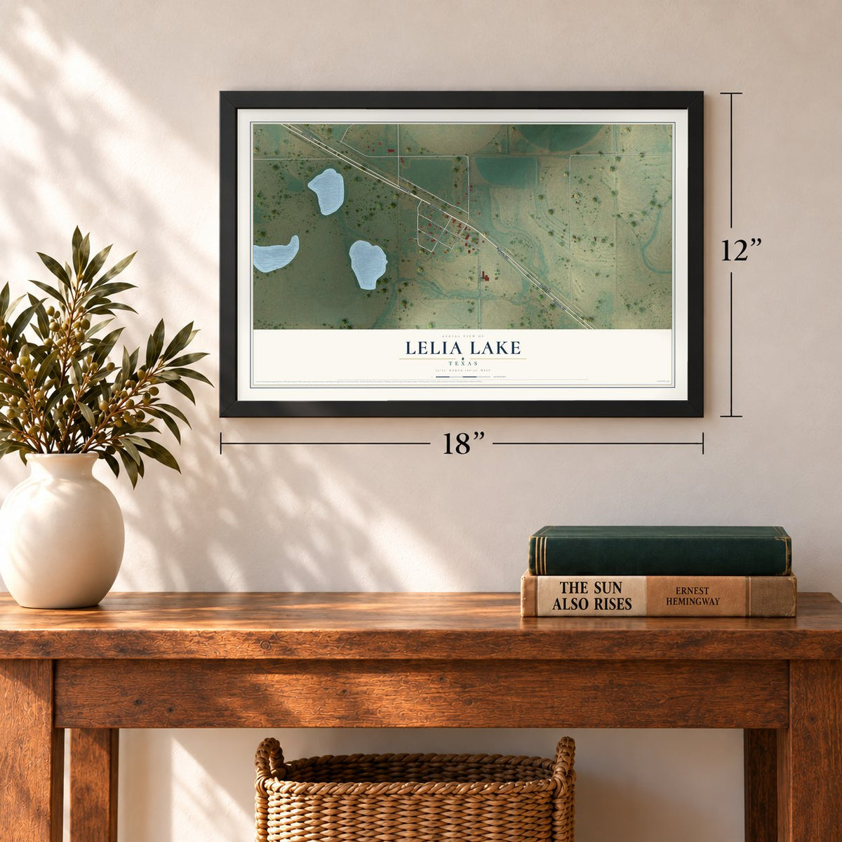 Lelia Lake, Texas map, 12 x 18 inch print in a black frame in an entryway
