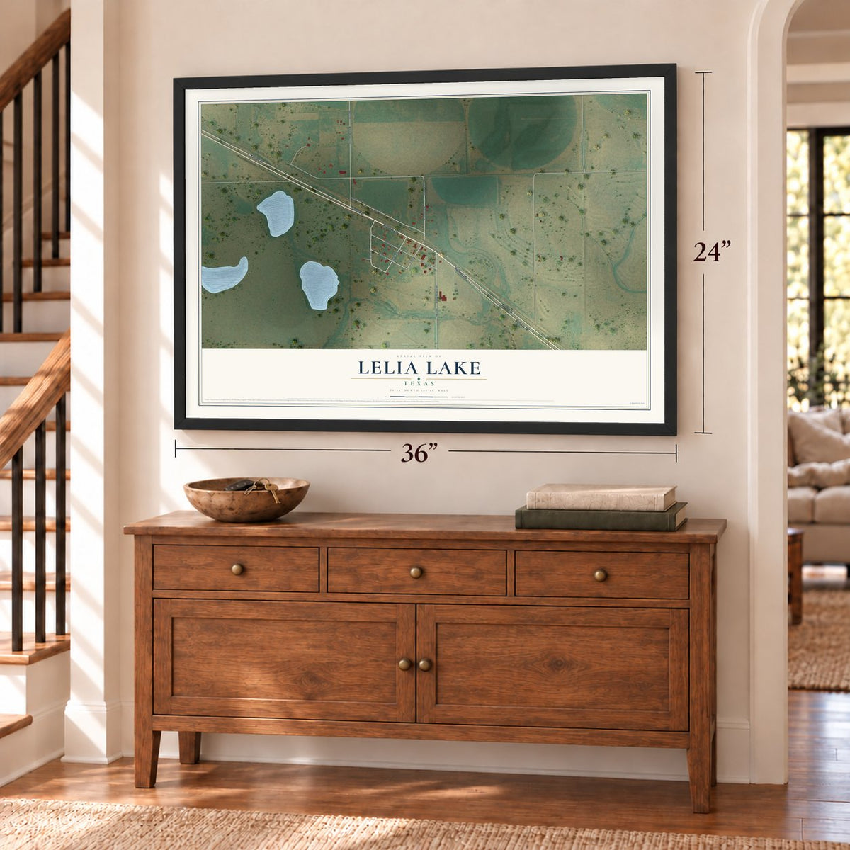 Lelia Lake, Texas map, 24 x 36 inch print in a black frame above a dresser by a staircase