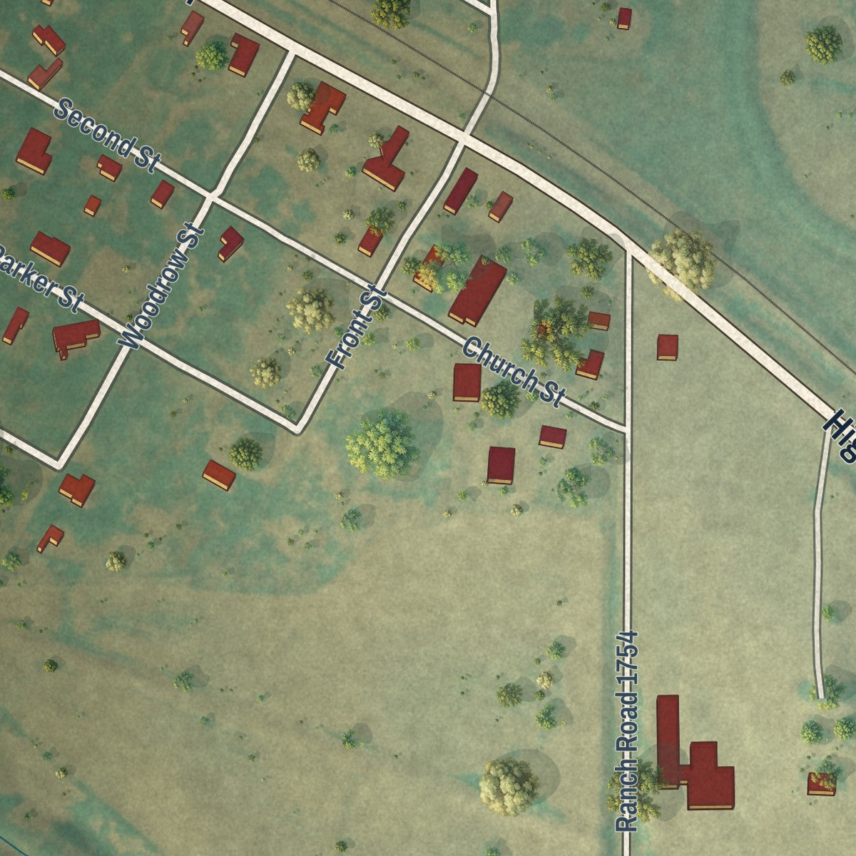 Close-up of the map of Lelia Lake, Texas print showing street and building detail