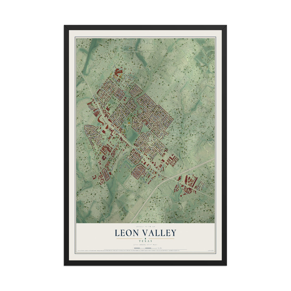 Map of Leon Valley, Texas, 12 x 18 inch print in a black wood frame