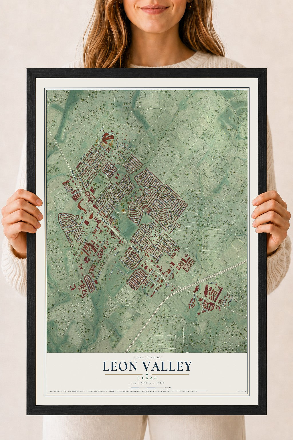 Map of Leon Valley, Texas, 18 x 24 inch print in a black wood frame