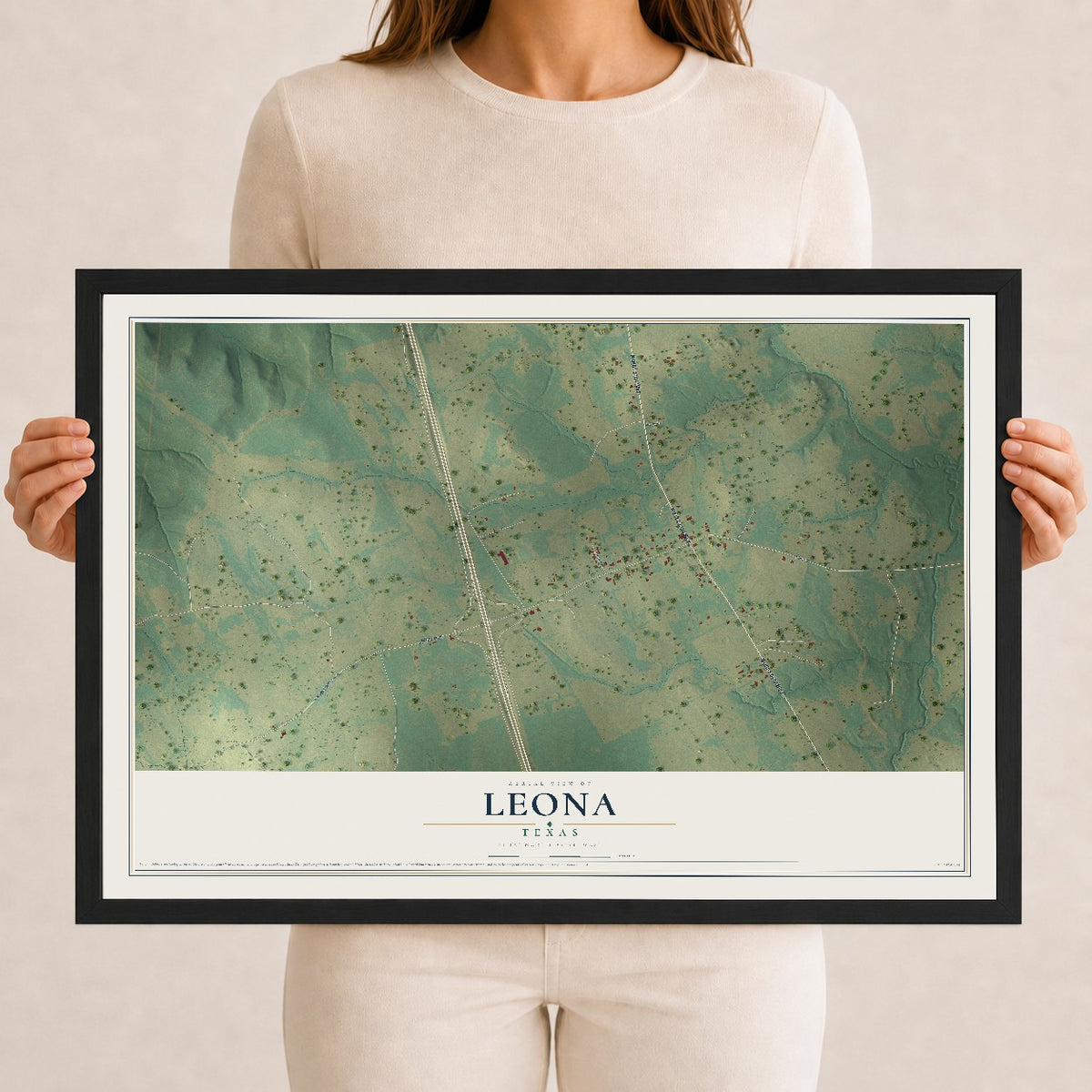 Map of Leona, Texas, 12 x 18 inch print in a black wood frame