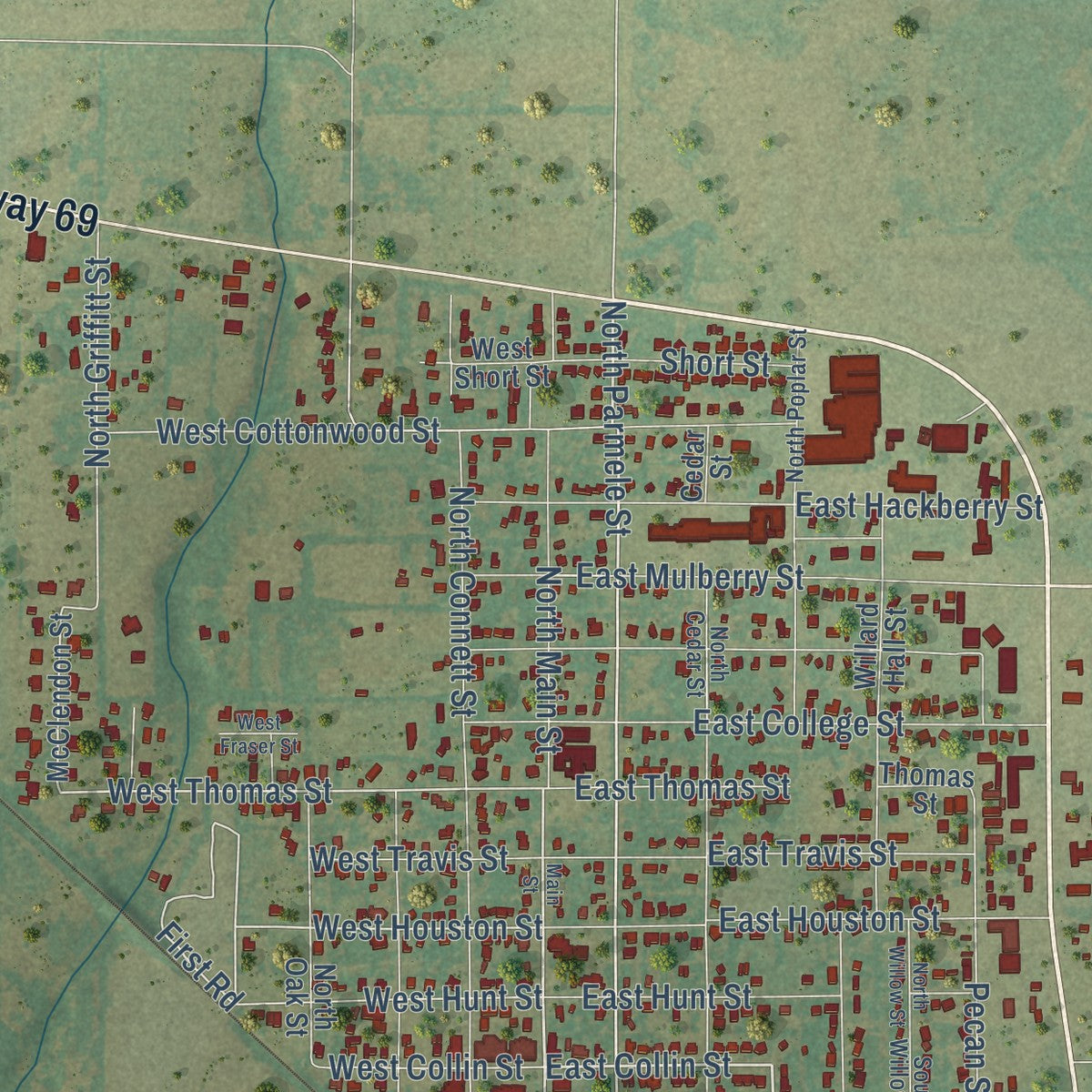 Close-up of the map of Leonard, Texas print showing street and building detail