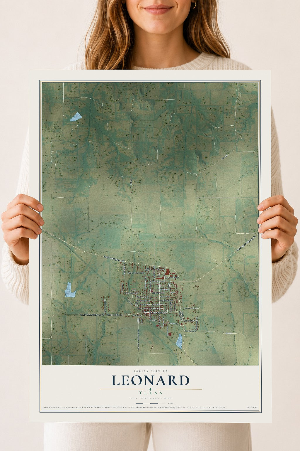 Map of Leonard, Texas, 18 x 24 inch unframed archival matte print