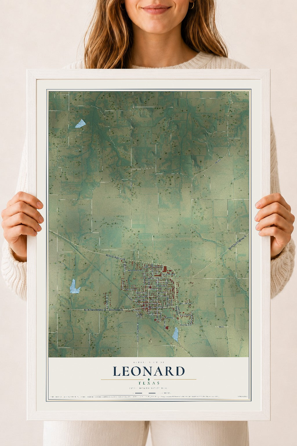 Map of Leonard, Texas, 18 x 24 inch print in a white wood frame