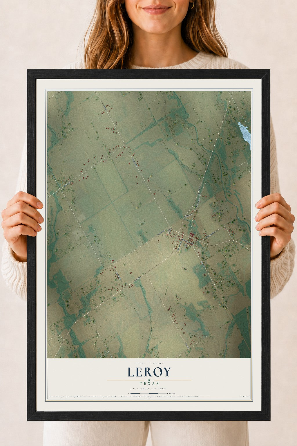 Map of Leroy, Texas, 18 x 24 inch print in a black wood frame