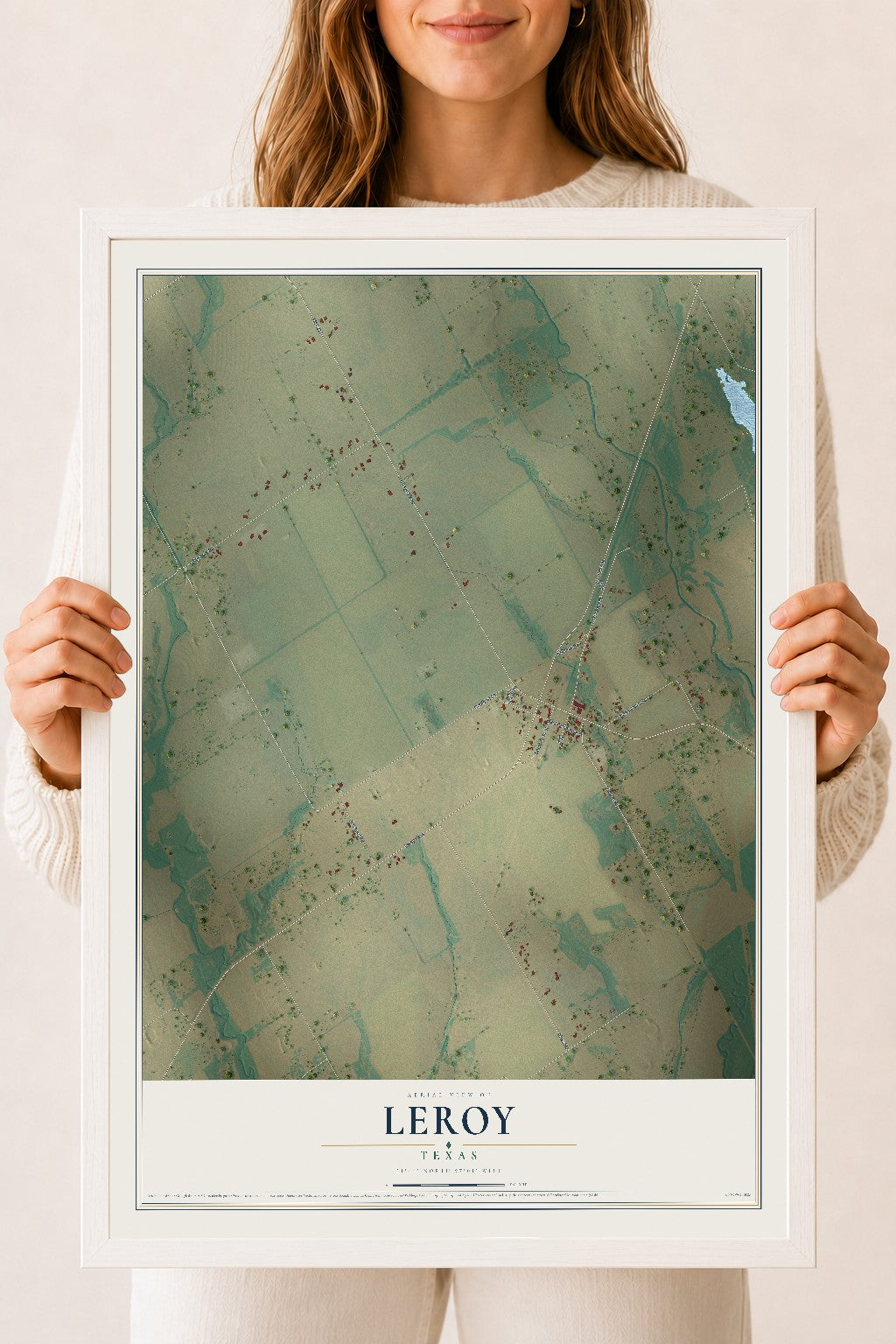 Map of Leroy, Texas, 18 x 24 inch print in a white wood frame