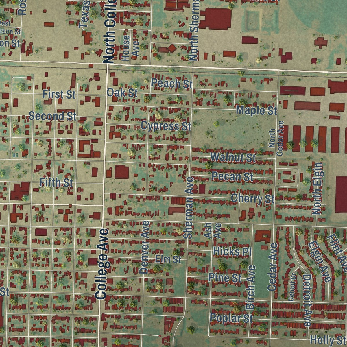Close-up of the map of Levelland, Texas print showing street and building detail