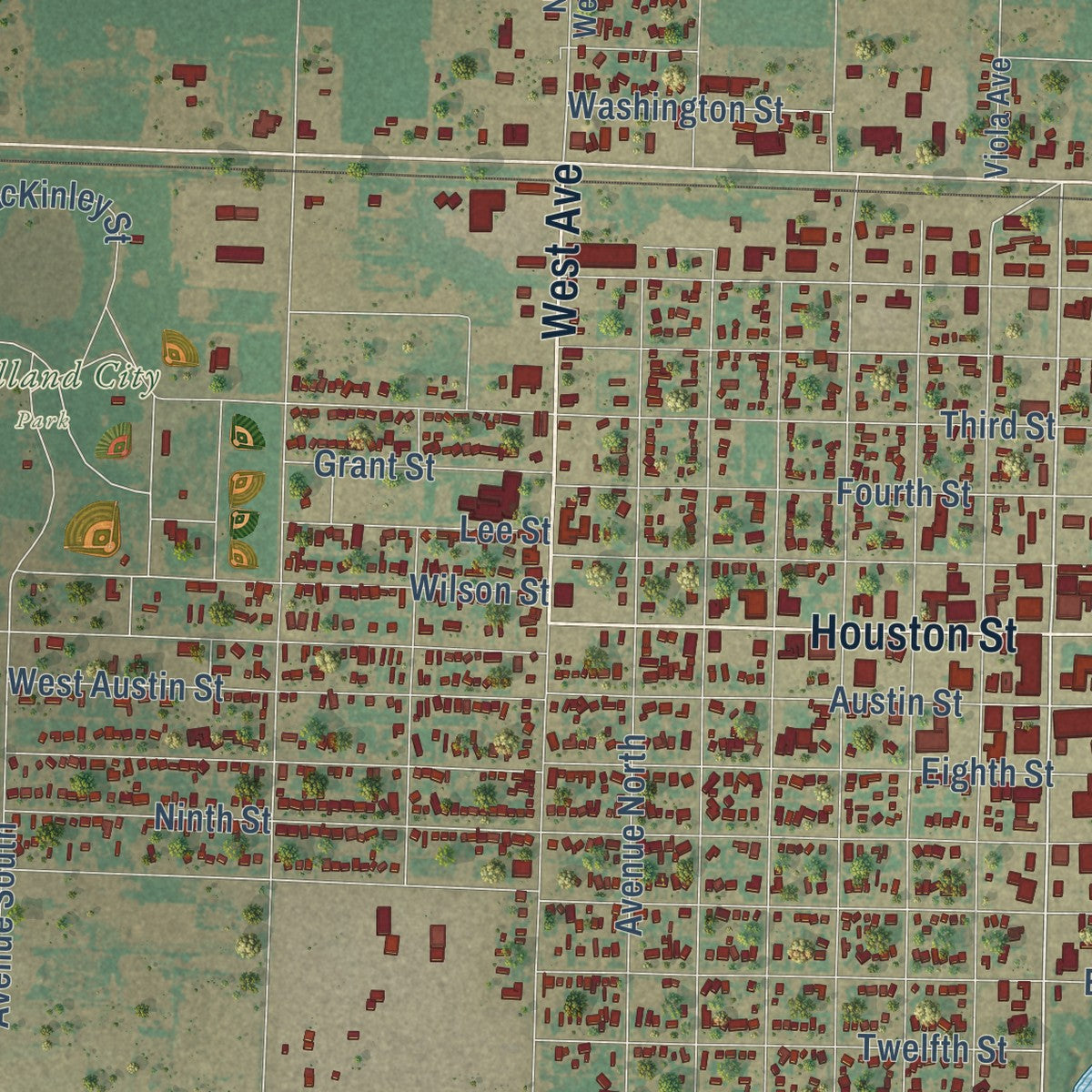 Second close-up of the map of Levelland, Texas print showing more streets and buildings
