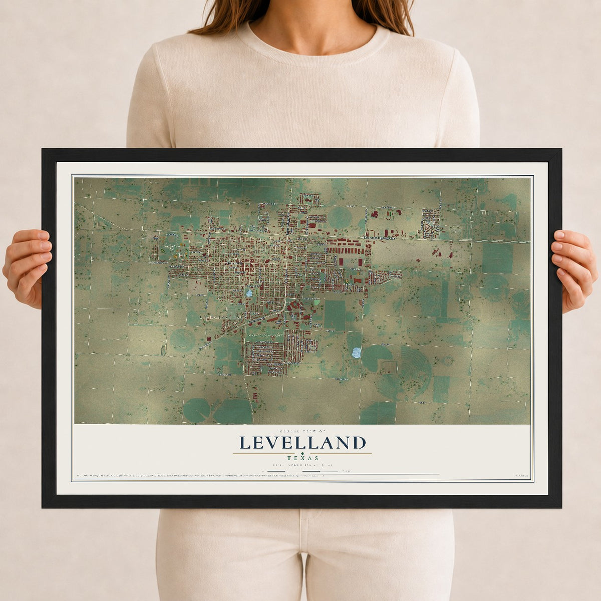 Map of Levelland, Texas, 12 x 18 inch print in a black wood frame