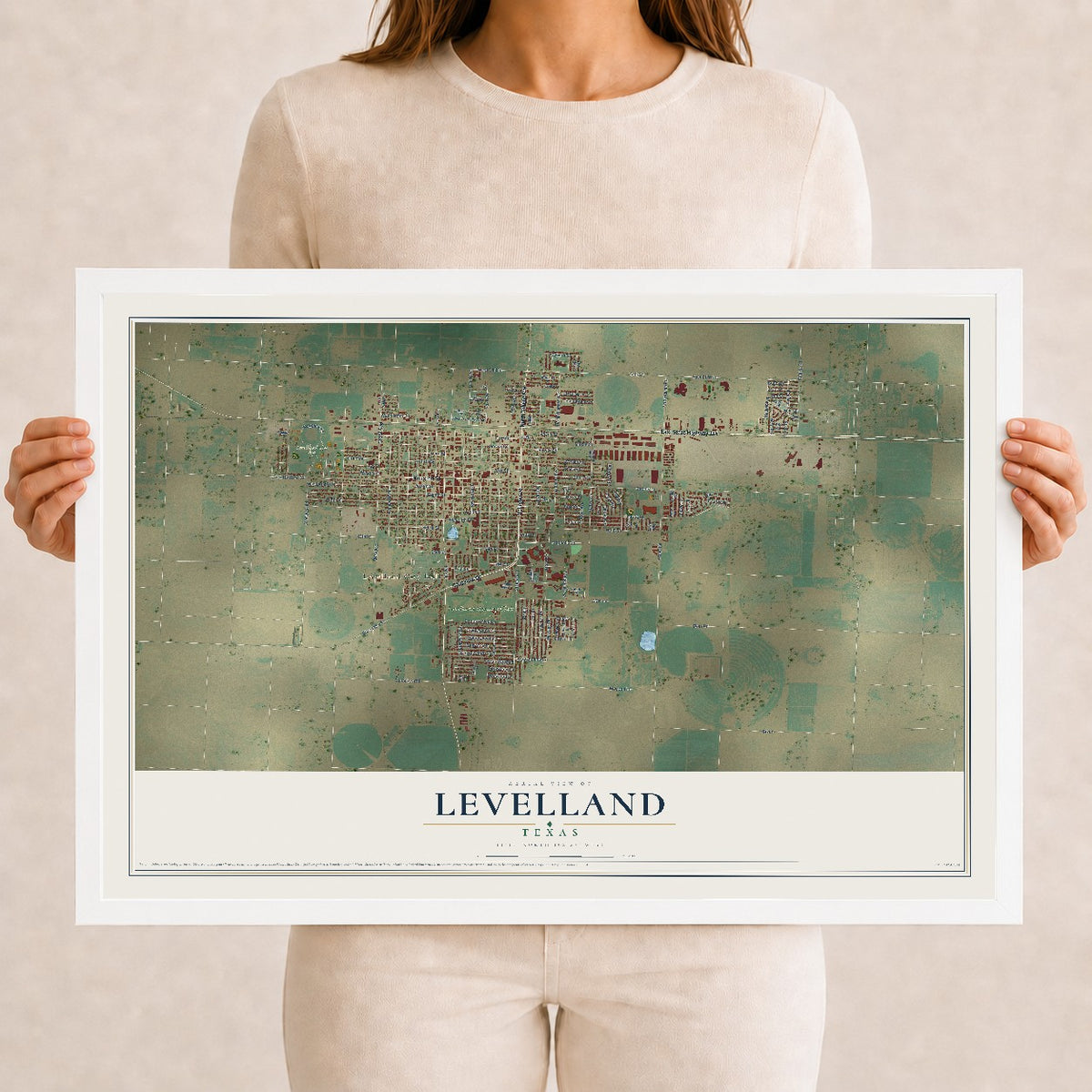 Map of Levelland, Texas, 12 x 18 inch print in a white wood frame