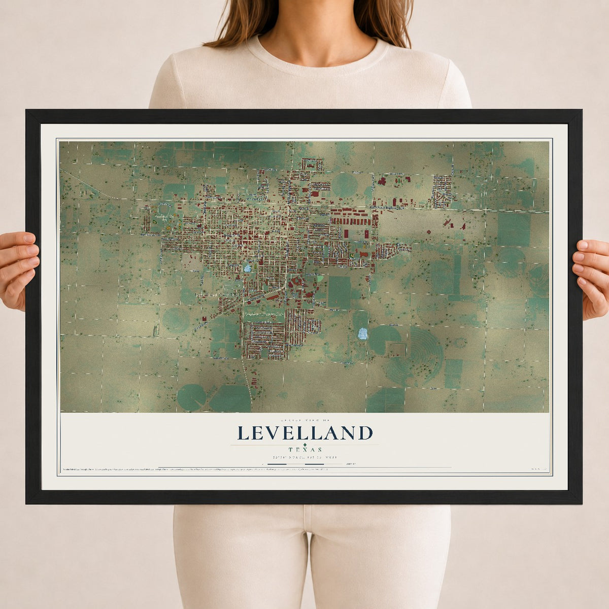 Map of Levelland, Texas, 18 x 24 inch print in a black wood frame