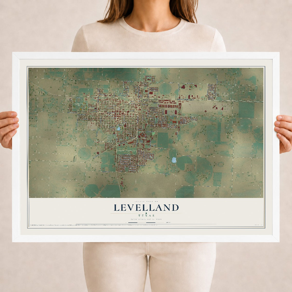 Map of Levelland, Texas, 18 x 24 inch print in a white wood frame