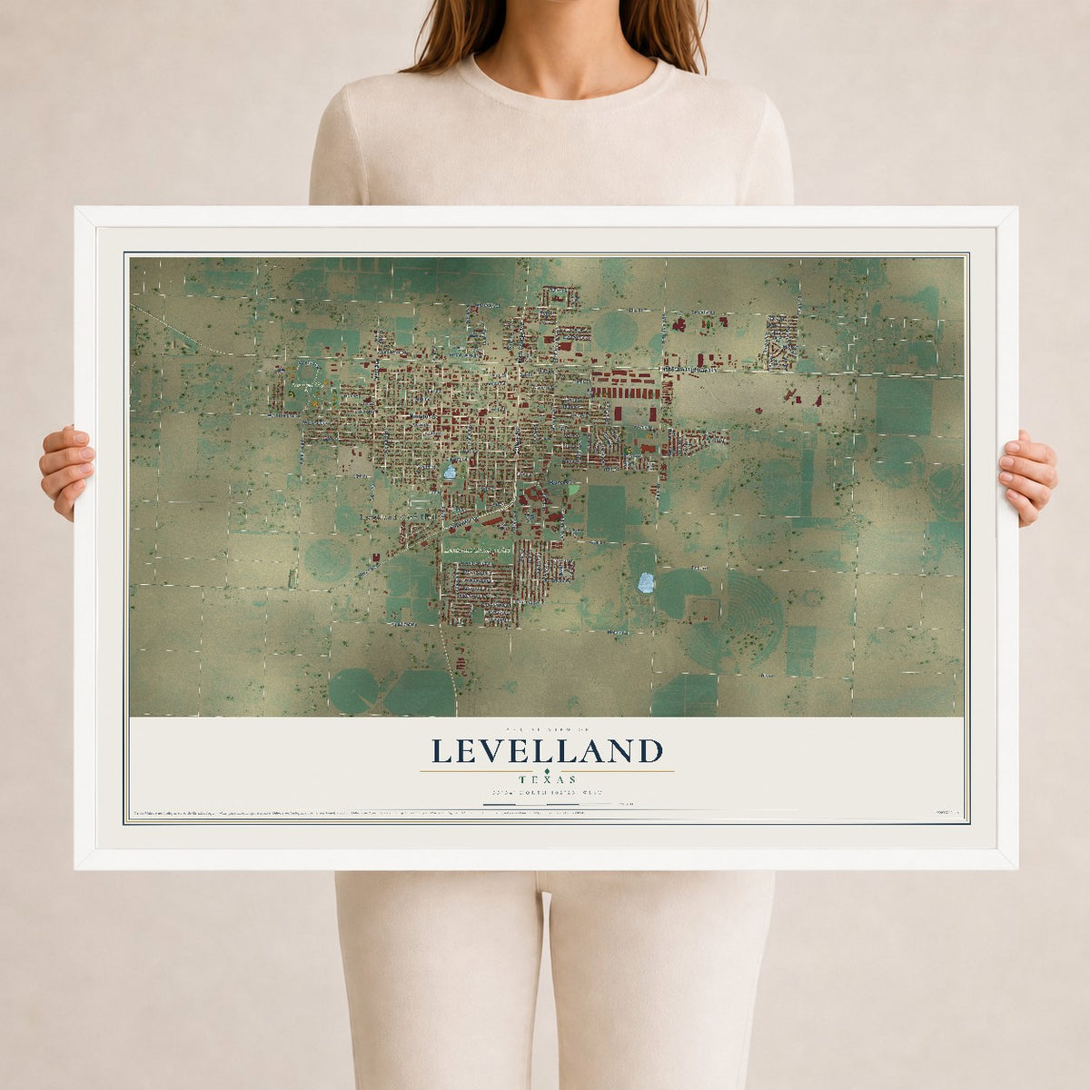 Map of Levelland, Texas, 24 x 36 inch print in a white wood frame