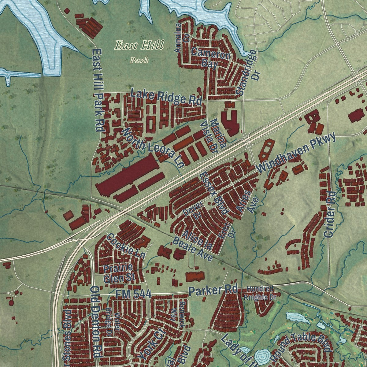 Second close-up of the map of Lewisville, Texas print showing more streets and buildings