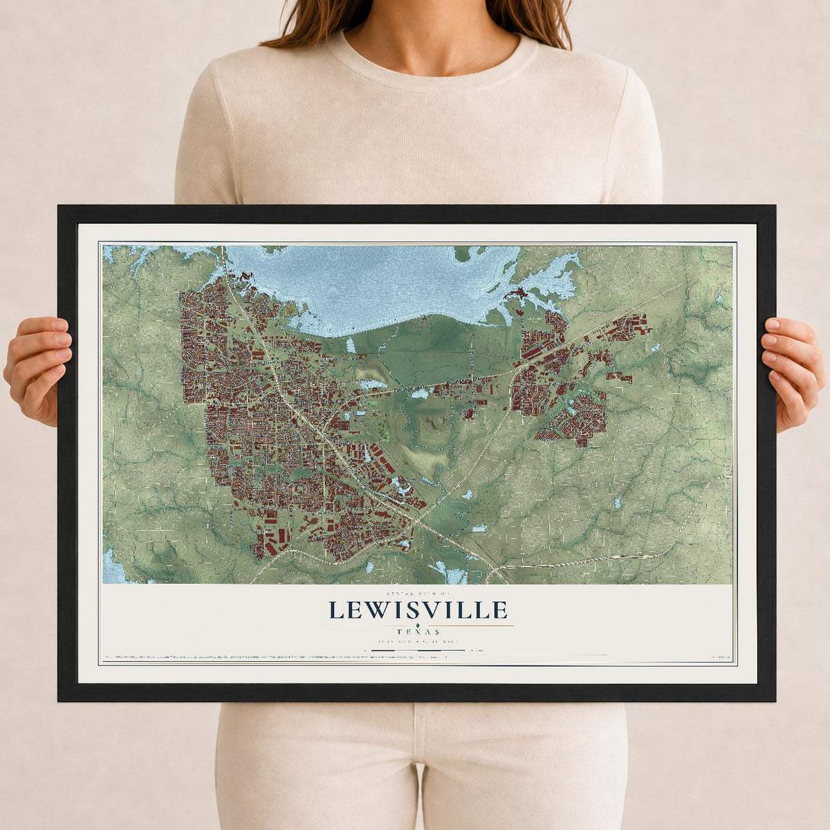 Map of Lewisville, Texas, 12 x 18 inch print in a black wood frame