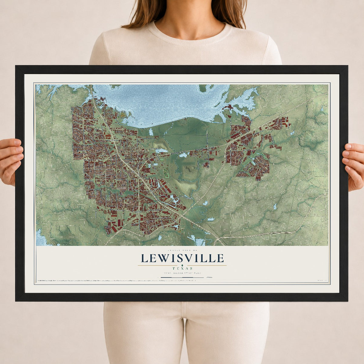 Map of Lewisville, Texas, 18 x 24 inch print in a black wood frame