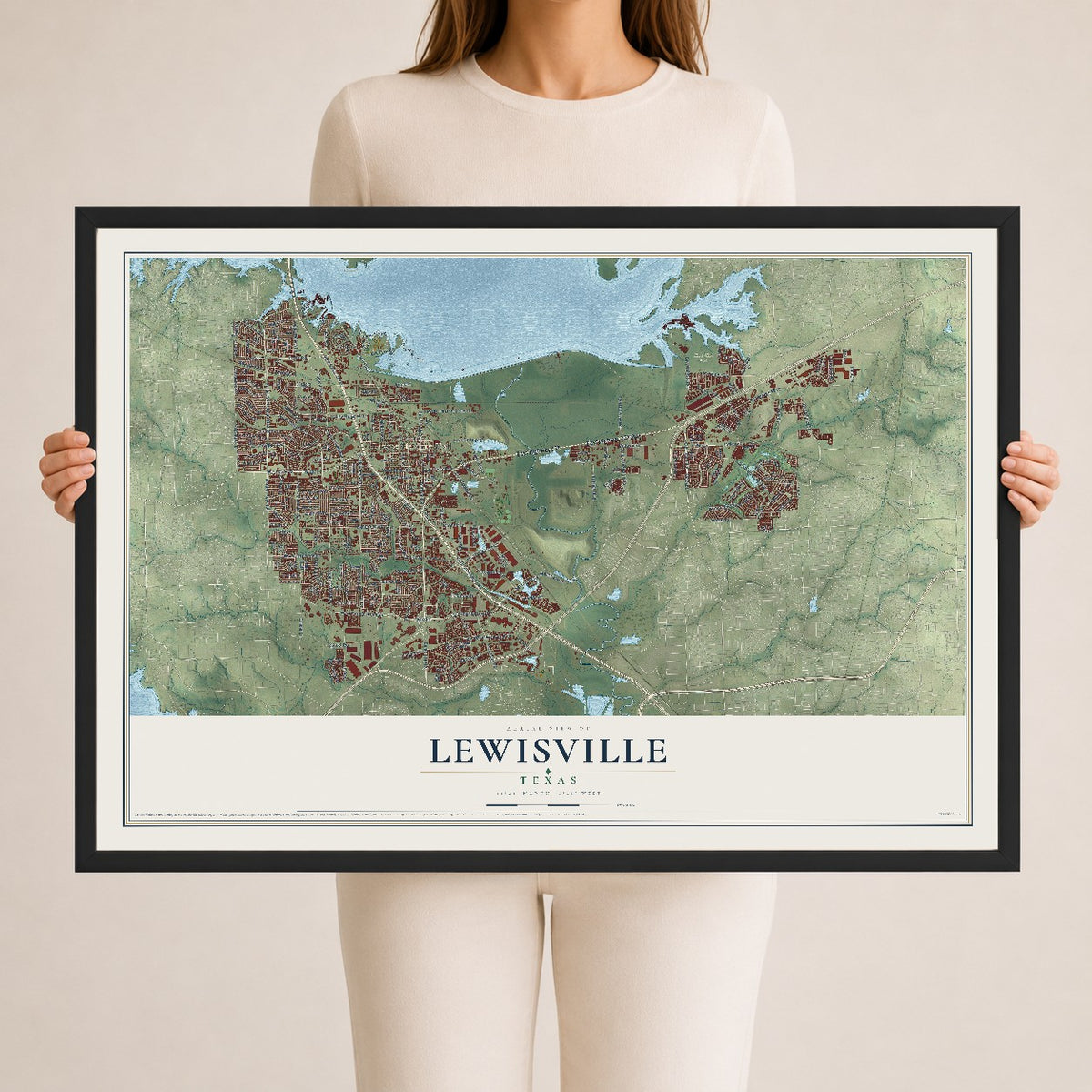 Map of Lewisville, Texas, 24 x 36 inch print in a black wood frame