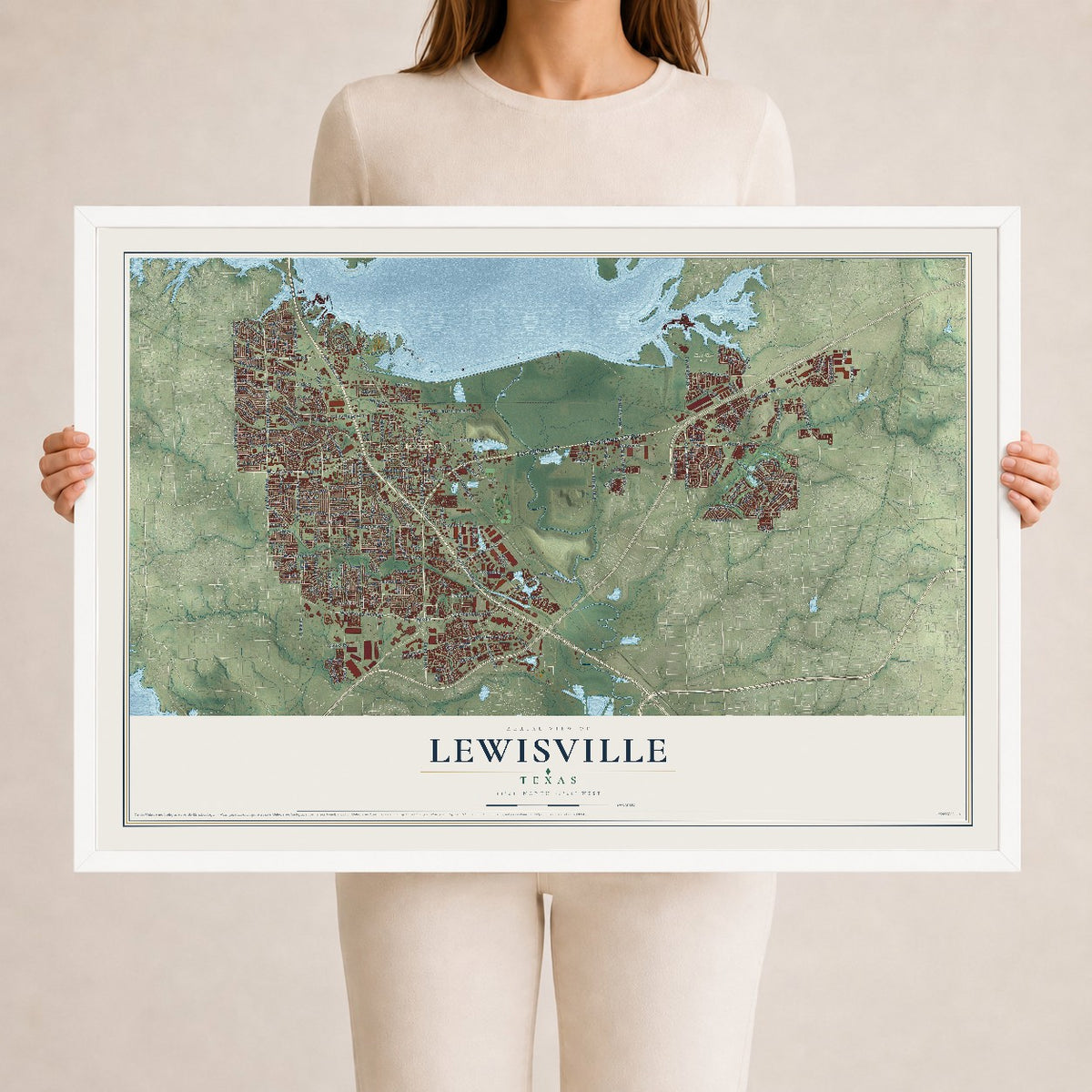 Map of Lewisville, Texas, 24 x 36 inch print in a white wood frame