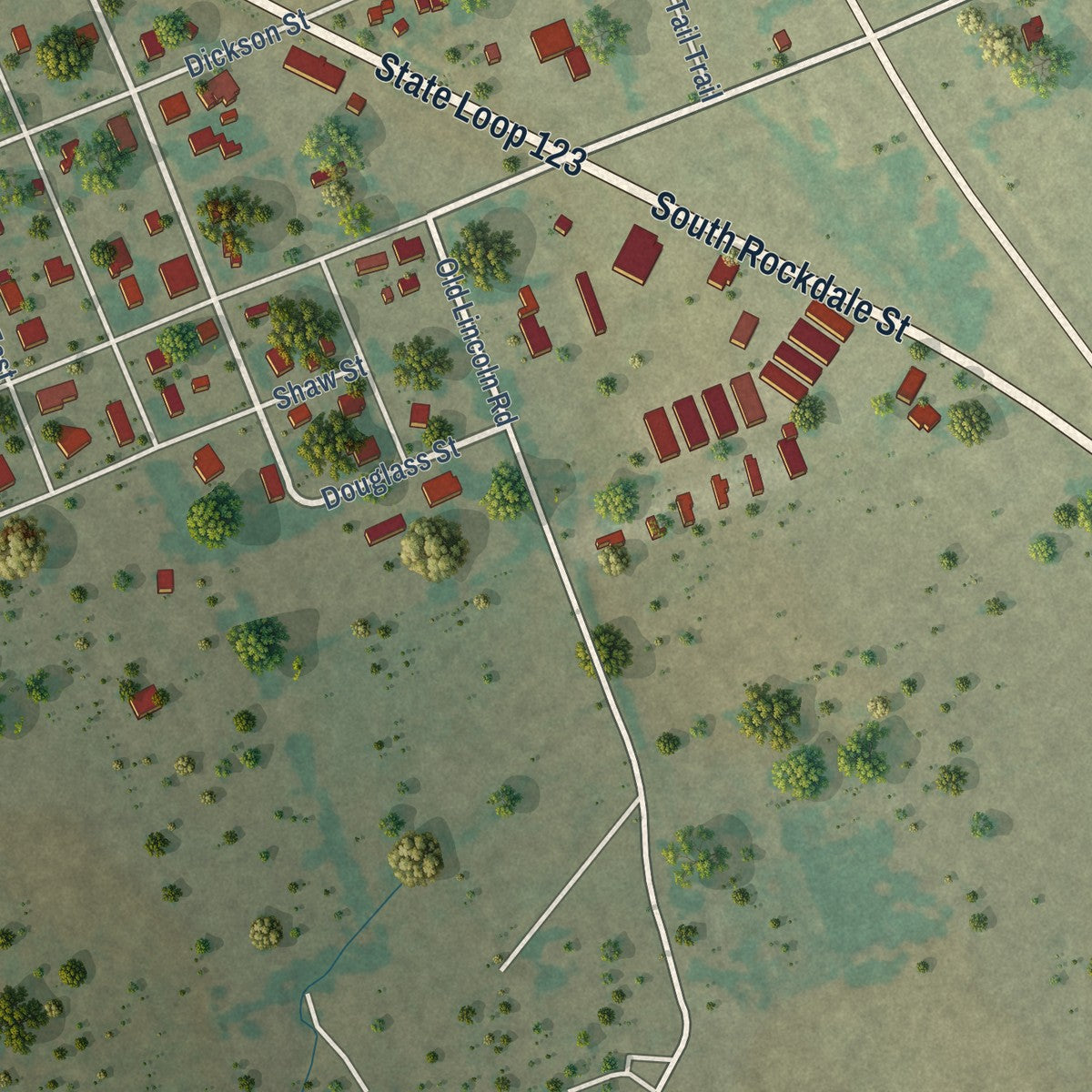 Second close-up of the map of Lexington, Texas print showing more streets and buildings