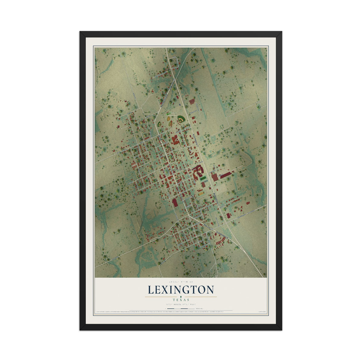 Map of Lexington, Texas, 12 x 18 inch print in a black wood frame