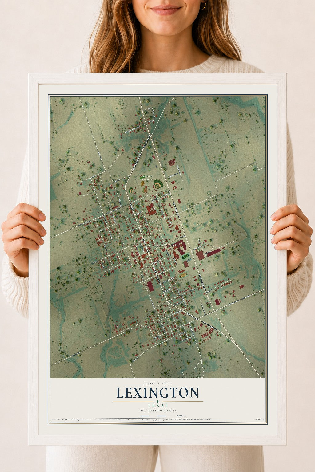 Map of Lexington, Texas, 18 x 24 inch print in a white wood frame
