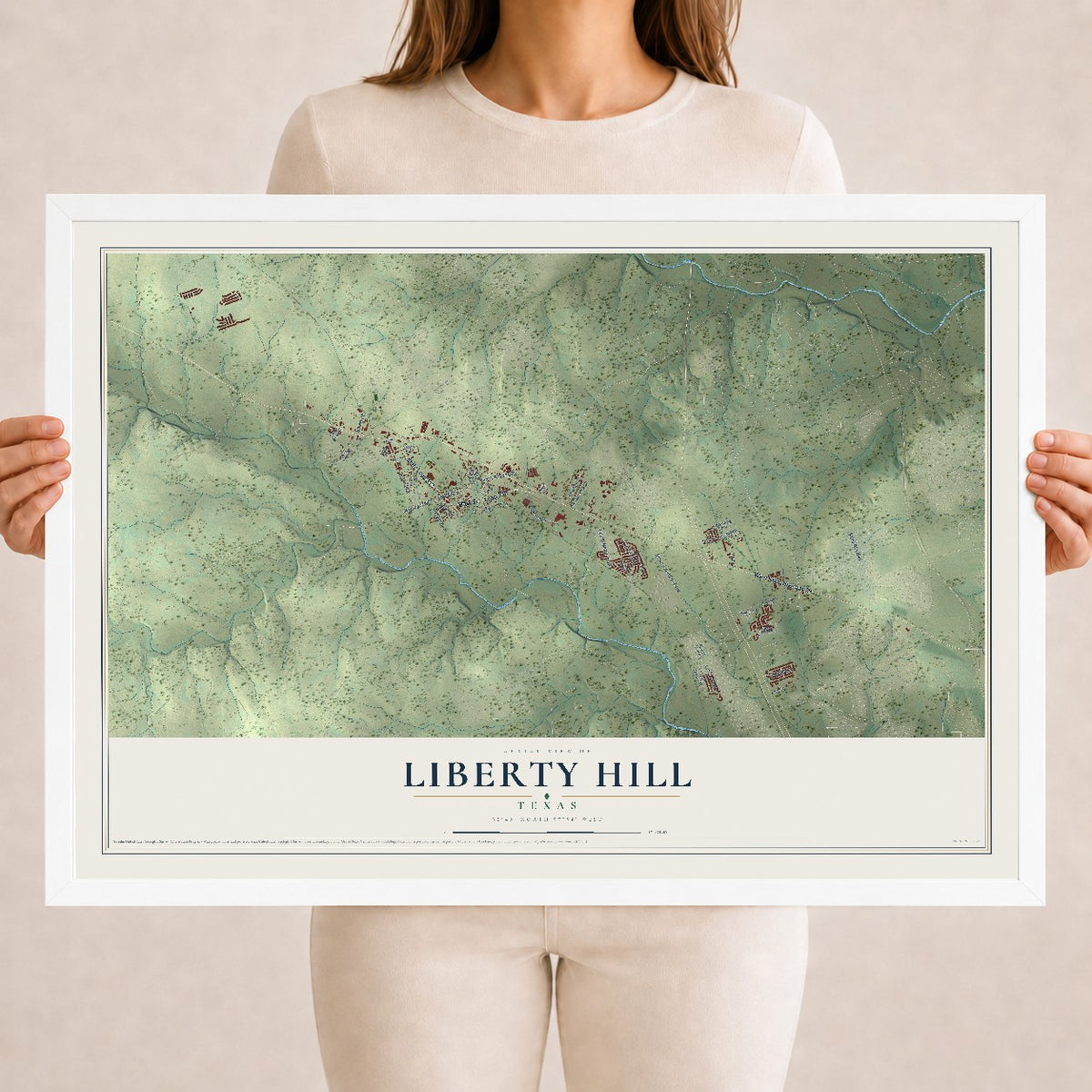 Map of Liberty Hill, Texas, 18 x 24 inch print in a white wood frame