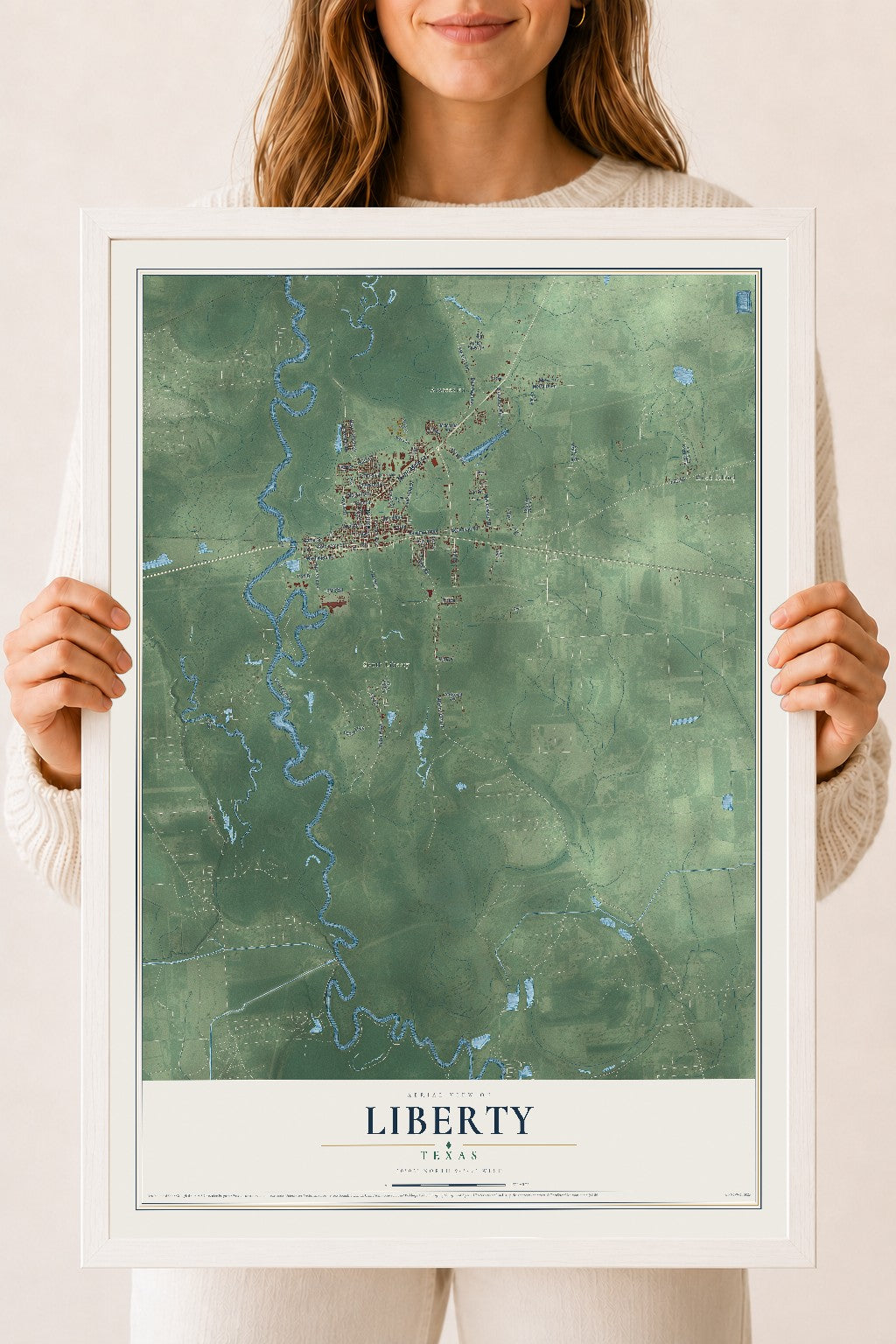 Map of Liberty, Texas, 18 x 24 inch print in a white wood frame