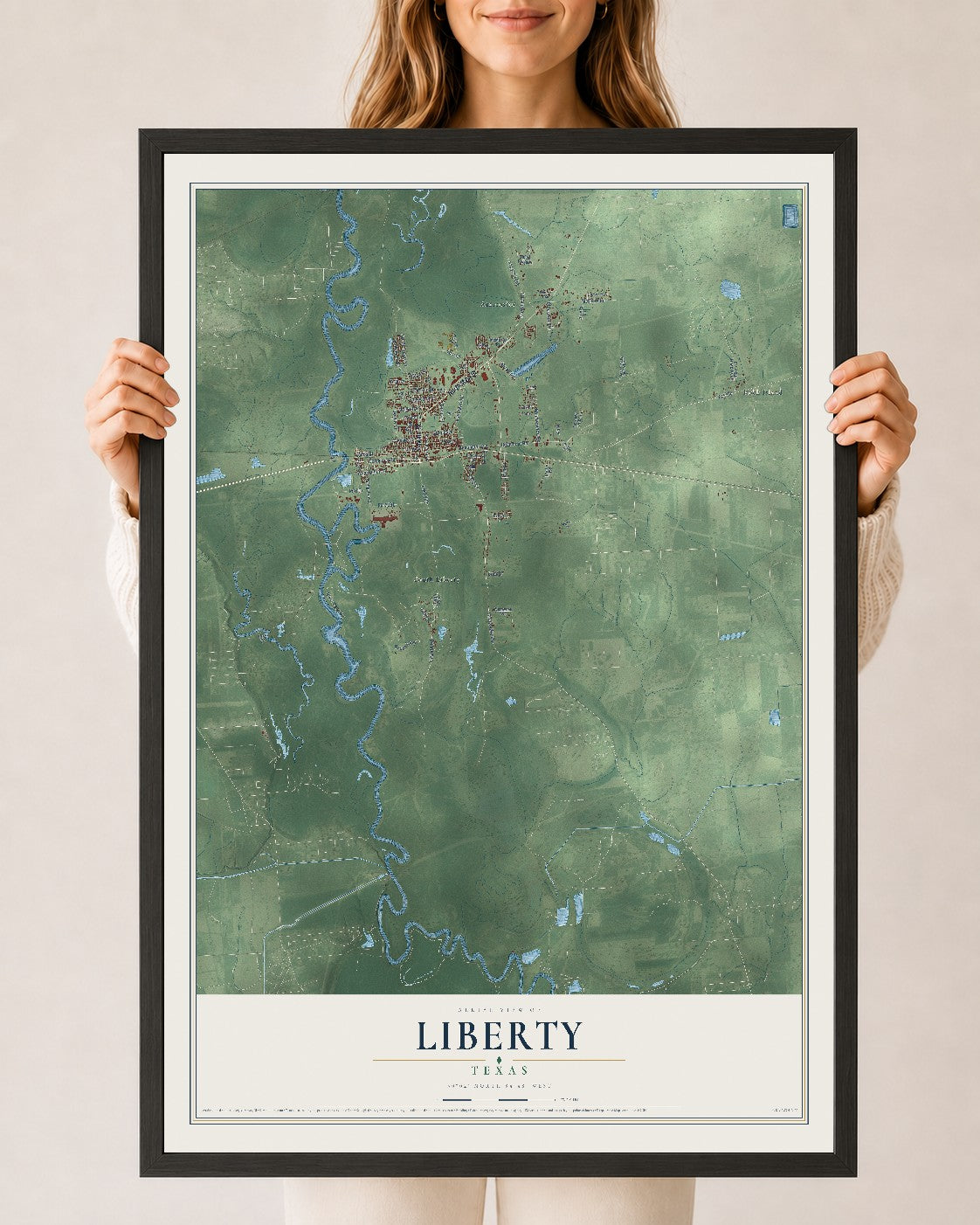 Map of Liberty, Texas, 24 x 36 inch print in a black wood frame