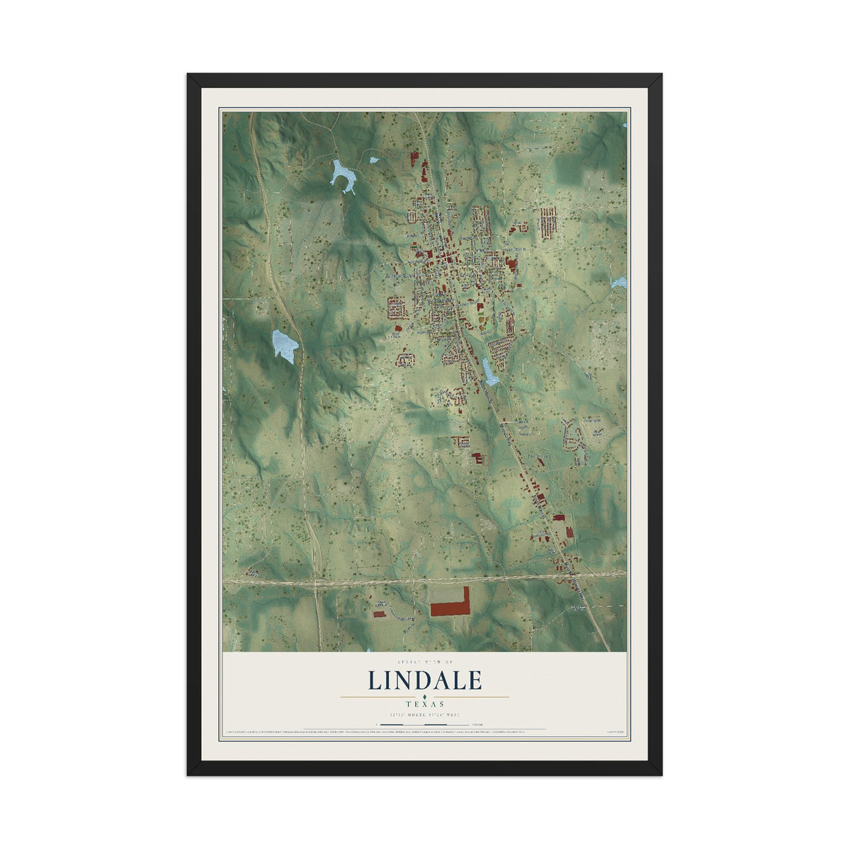 Map of Lindale, Texas, 12 x 18 inch print in a black wood frame
