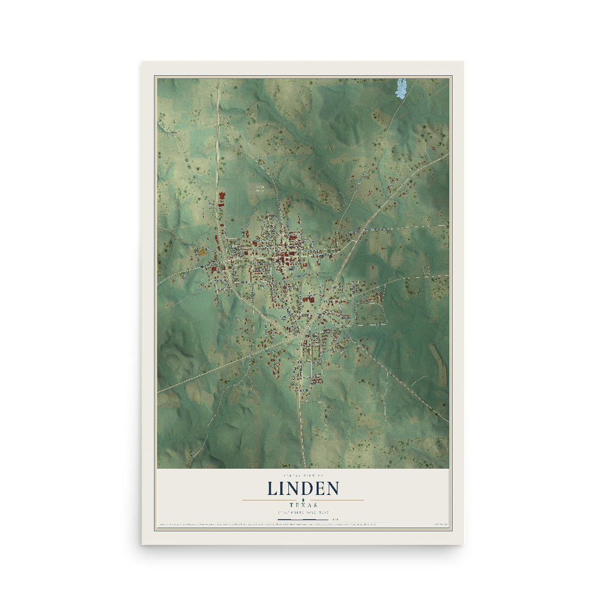 Map of Linden, Texas, 12 x 18 inch unframed archival matte print
