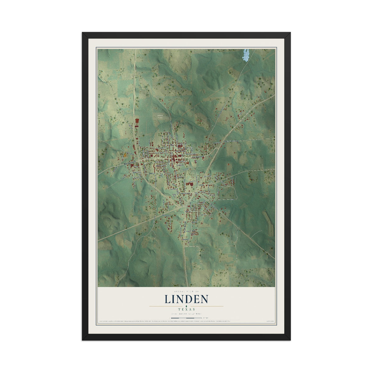 Map of Linden, Texas, 12 x 18 inch print in a black wood frame
