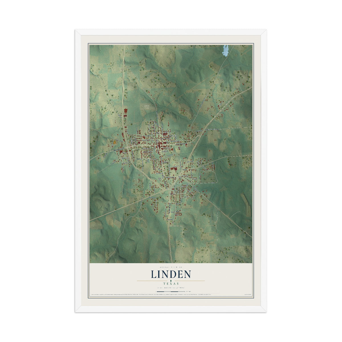 Map of Linden, Texas, 12 x 18 inch print in a white wood frame