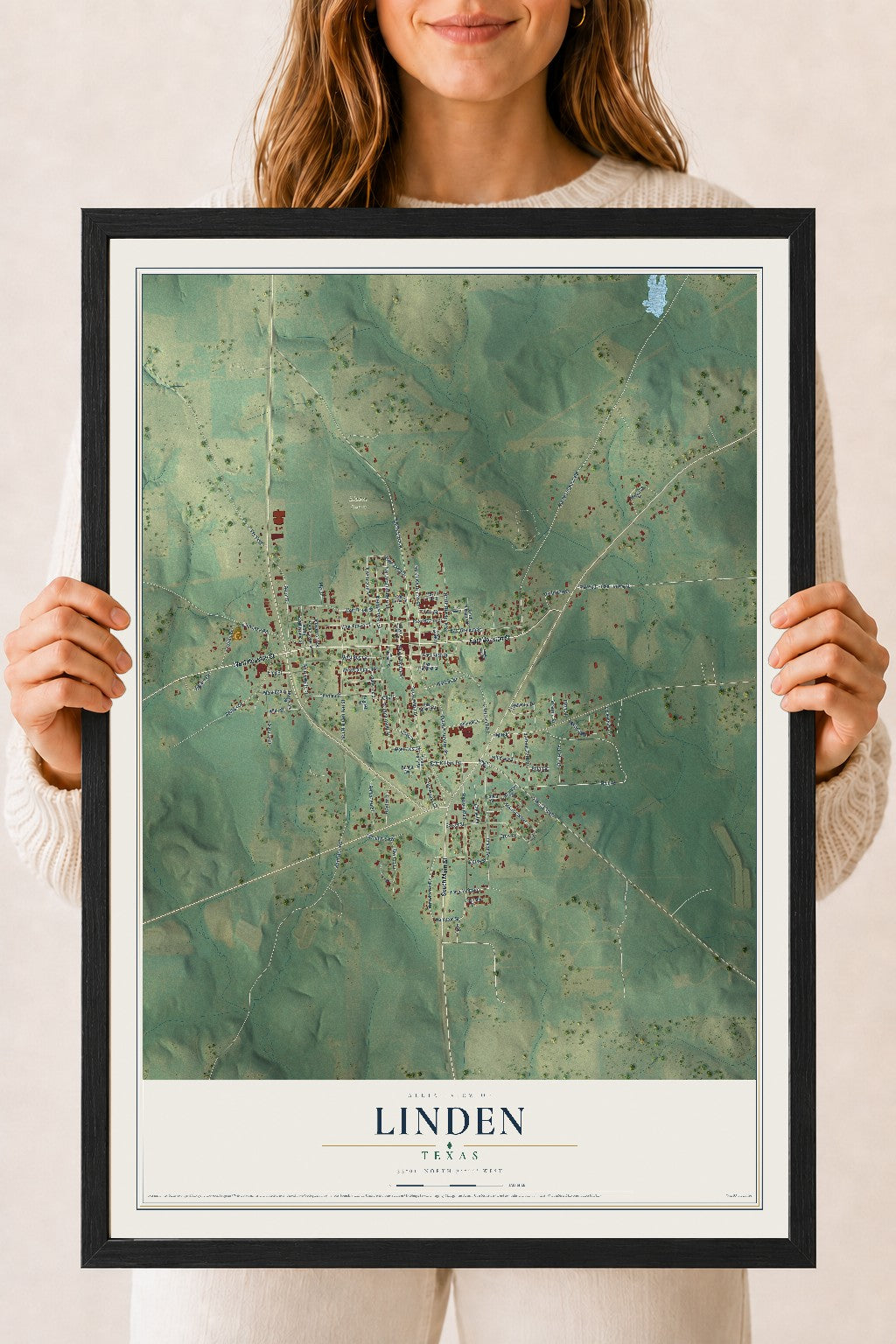 Map of Linden, Texas, 18 x 24 inch print in a black wood frame