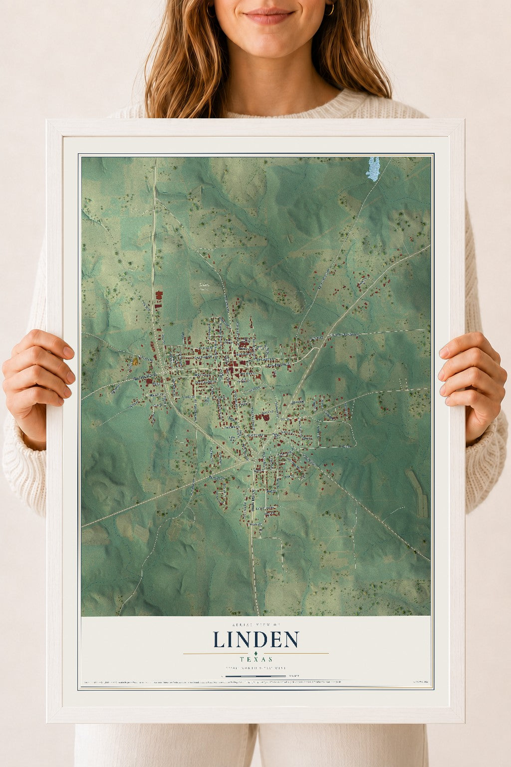 Map of Linden, Texas, 18 x 24 inch print in a white wood frame
